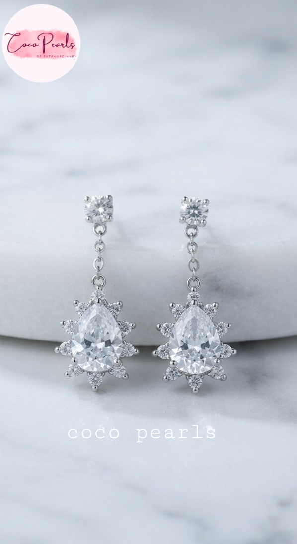 Coco pearls silver zircon studded earrings displayed on simple background 