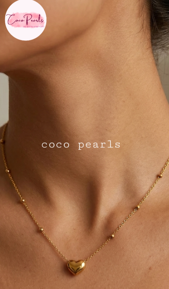 Coco Pearls Stainless Steel Anti Tarnish Gold heart desire necklace with heart pendants and ball chain on a neck