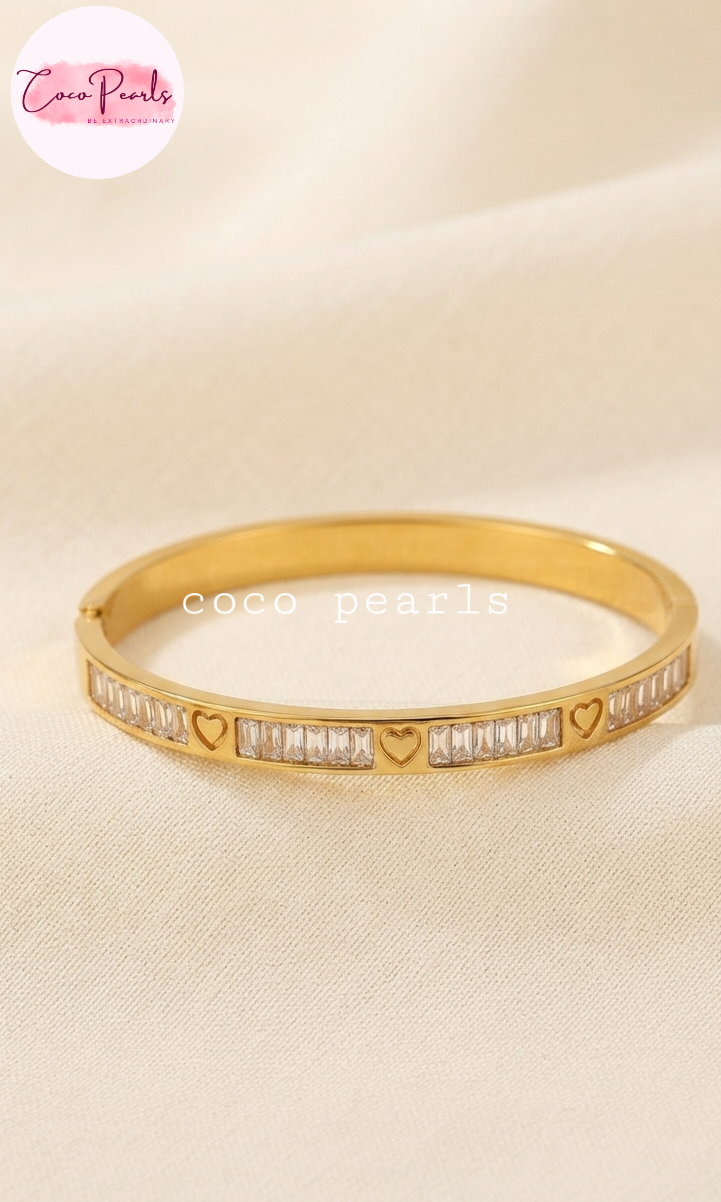 Coco pearls stainless Steel anti tarnish heartline handcuff with  hearts engraved 