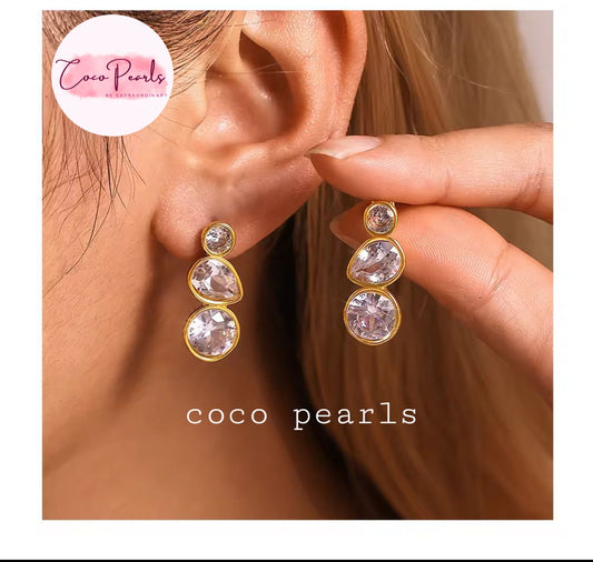 coco pearls stainless steel anti tarnish tri sparkle studs Gold and crystal earrings on ear
