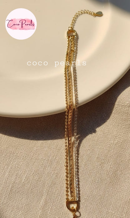 Coco Pearls Stainless steel anti tarnish Gold triple harmony bracelets with dot chain mesh chain and diamond chain on plate