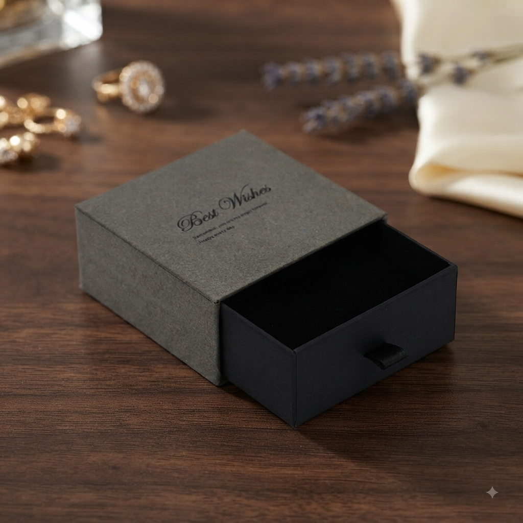 Coco pearls A dark gray textured jewelry box with a black interior, shown open on a wooden tabletop.
