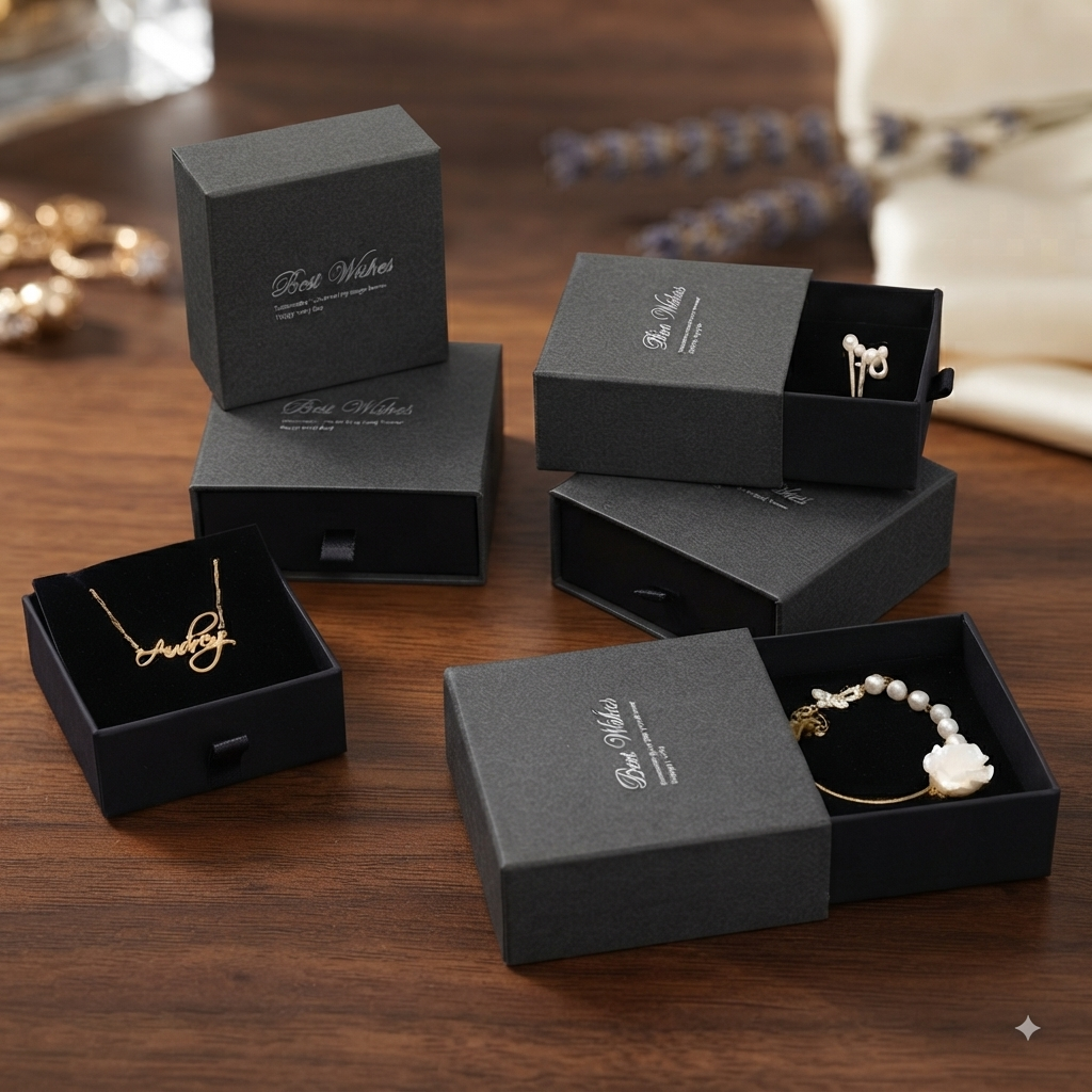 Coco pearls Several black jewelry gift boxes are arranged on a wooden table