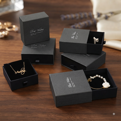 Coco pearls Several black jewelry gift boxes are arranged on a wooden table