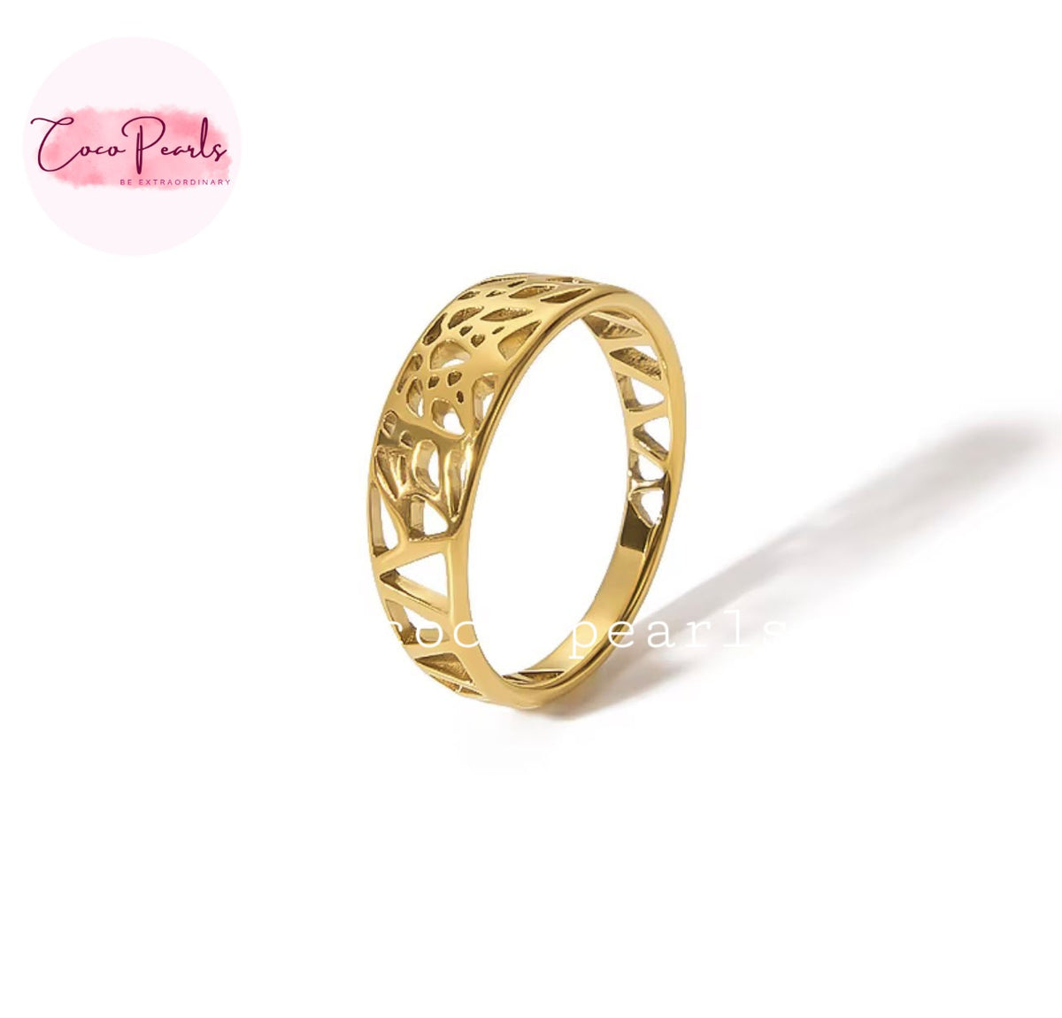 Coco pearls stainless Steel anti tarnish gold ring with an intricate openwork filigree pattern, shown on a clean white background with a soft shadow.