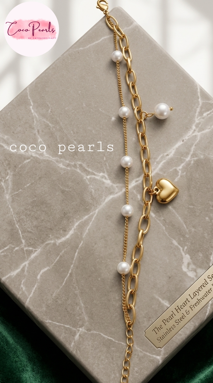 Coco Peals Stainless Steel anti  tarnish Gold morning dew chain bracelet with heart charm and pearls on a hand
