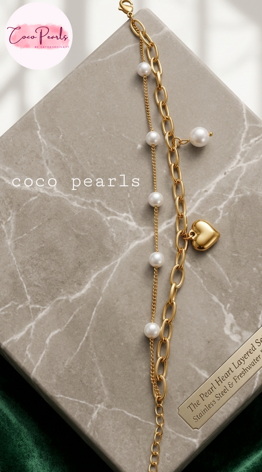 Coco Peals Stainless Steel anti  tarnish Gold morning dew chain bracelet with heart charm and pearls on a hand