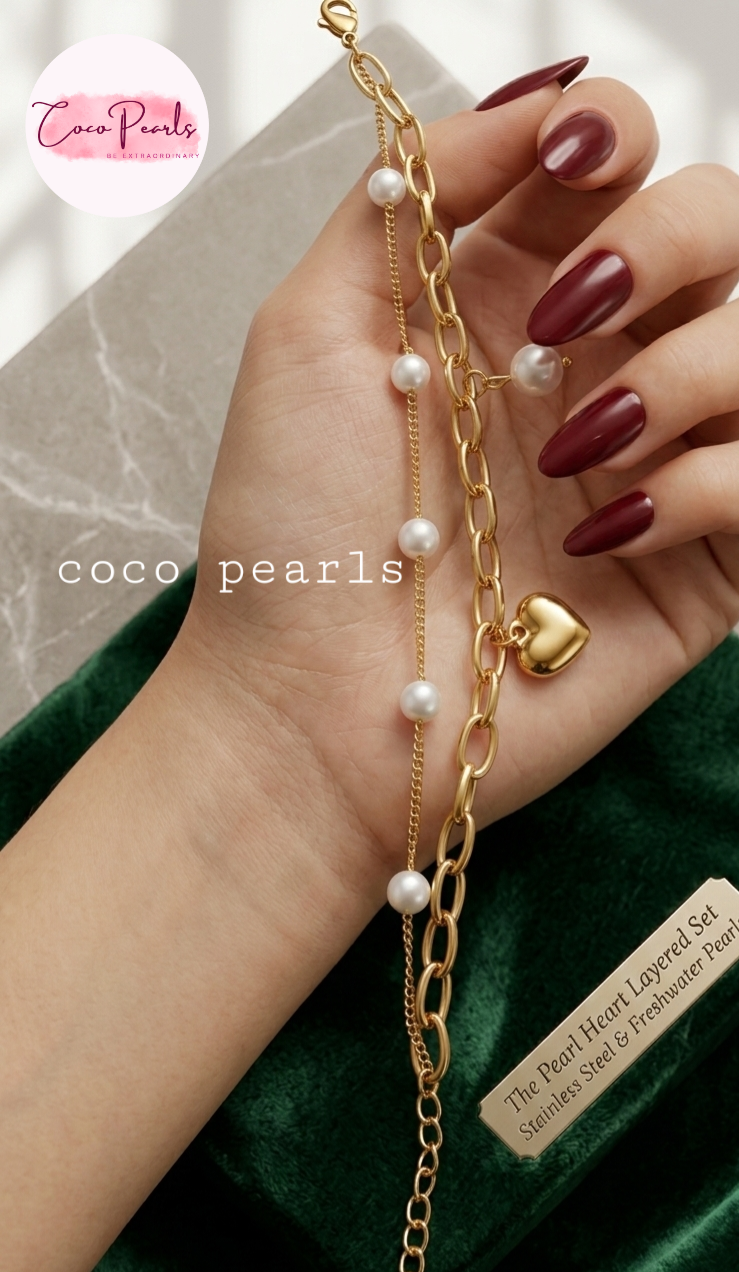 Coco Peals Stainless Steel anti  tarnish Gold morning dew chain bracelet with heart charm and pearls on a hand