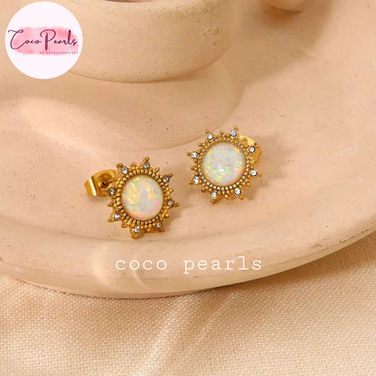 Coco pearls stainless Steel anti tarnish gold opal set displayed on simple background 