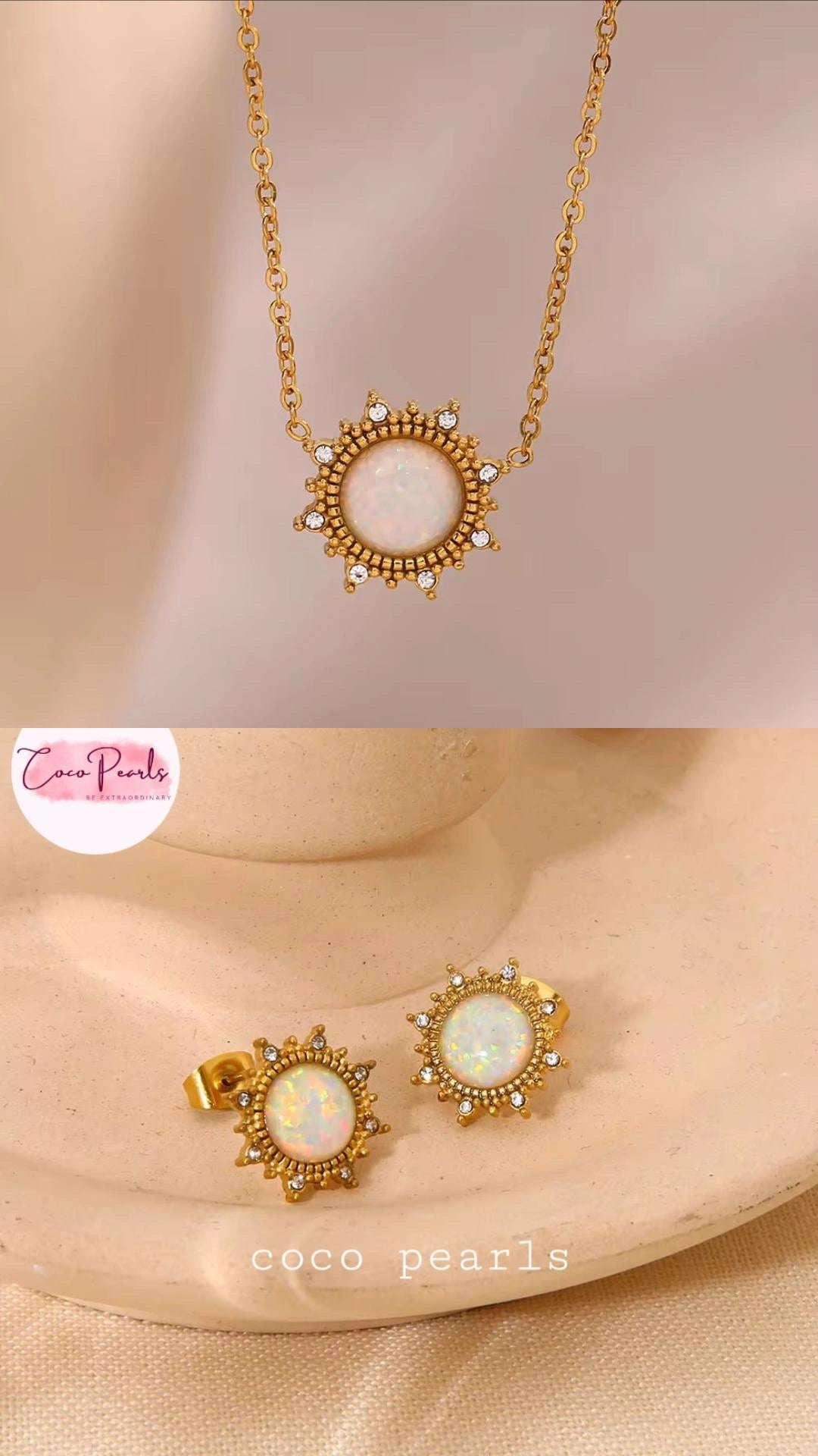 Coco pearls stainless Steel anti tarnish gold  opal set displayed on simple background 