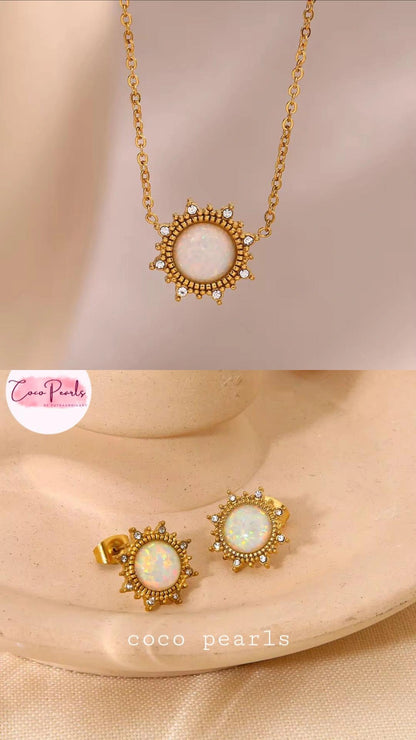 Coco pearls stainless Steel anti tarnish gold  opal set displayed on simple background 