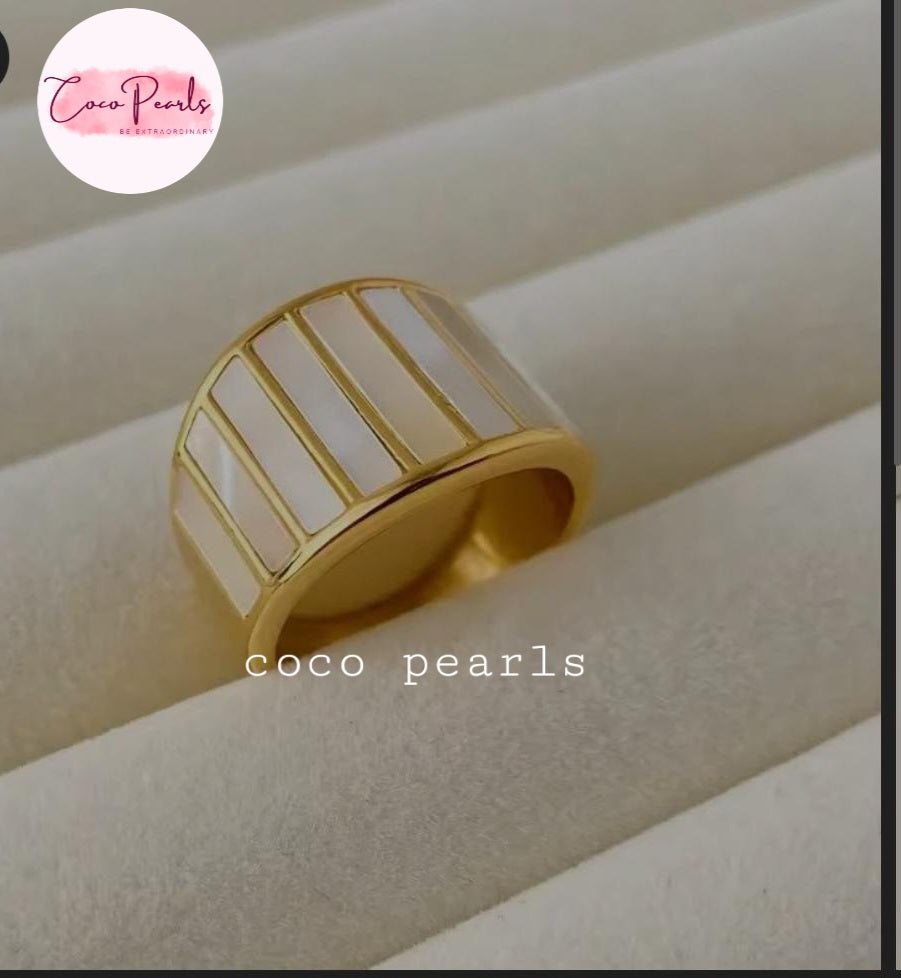 Coco pearls stainless Steel anti tarnish gold ring with white inlaid rectangular segments, displayed on a cream-colored ring box