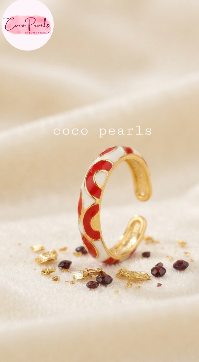 Coco pearls red wave adjustable ring displayed on simple background 