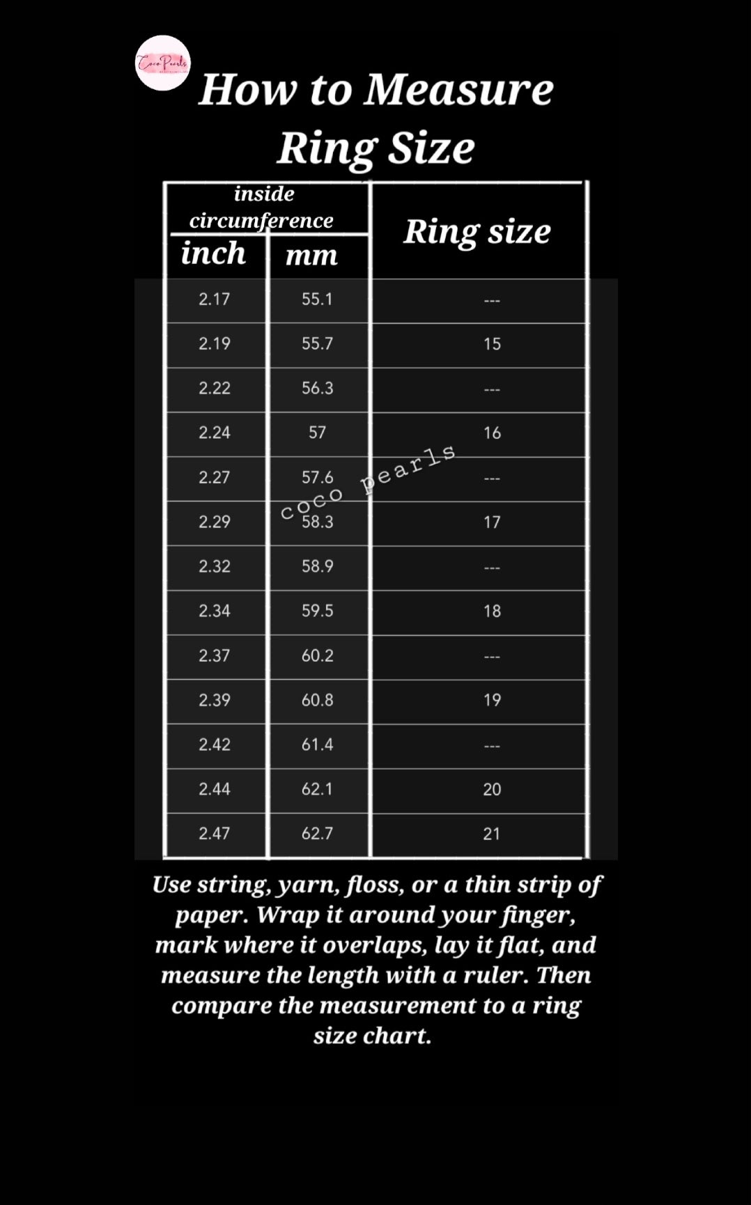 A black informational chart titled 'How to Measure Ring Size' with a table showing inch and millimeter measurements and corresponding ring sizes, plus instructions for measuring a ring size.