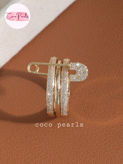 Coco pearls stainless Steel anti tarnish gold-toned safety pin ring with stacked pave-set