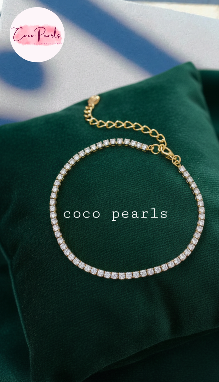 Coco Pearls Stainless Steel Anti Tarnish Gold sparkling delight diamond studded bracelet on a green background