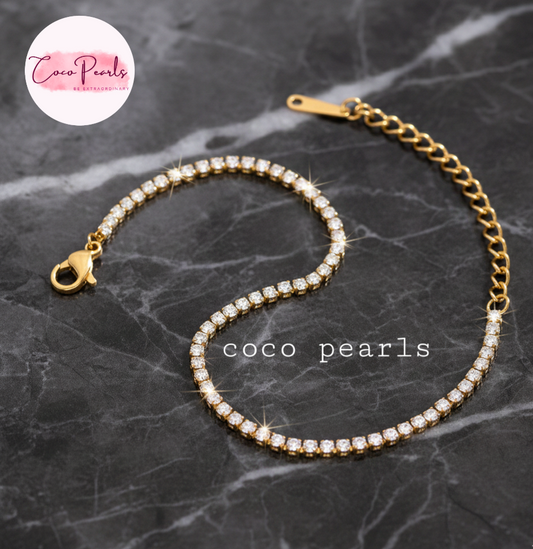 Coco Pearls Stainless Steel Anti Tarnish Gold sparkling delight diamond studded bracelet on a grey background