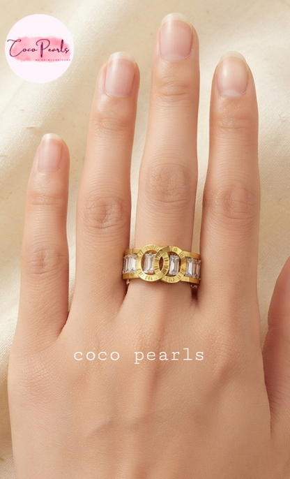 Coco pearls stainless Steel anti tarnish gold diamond studded ring displayed on hand 