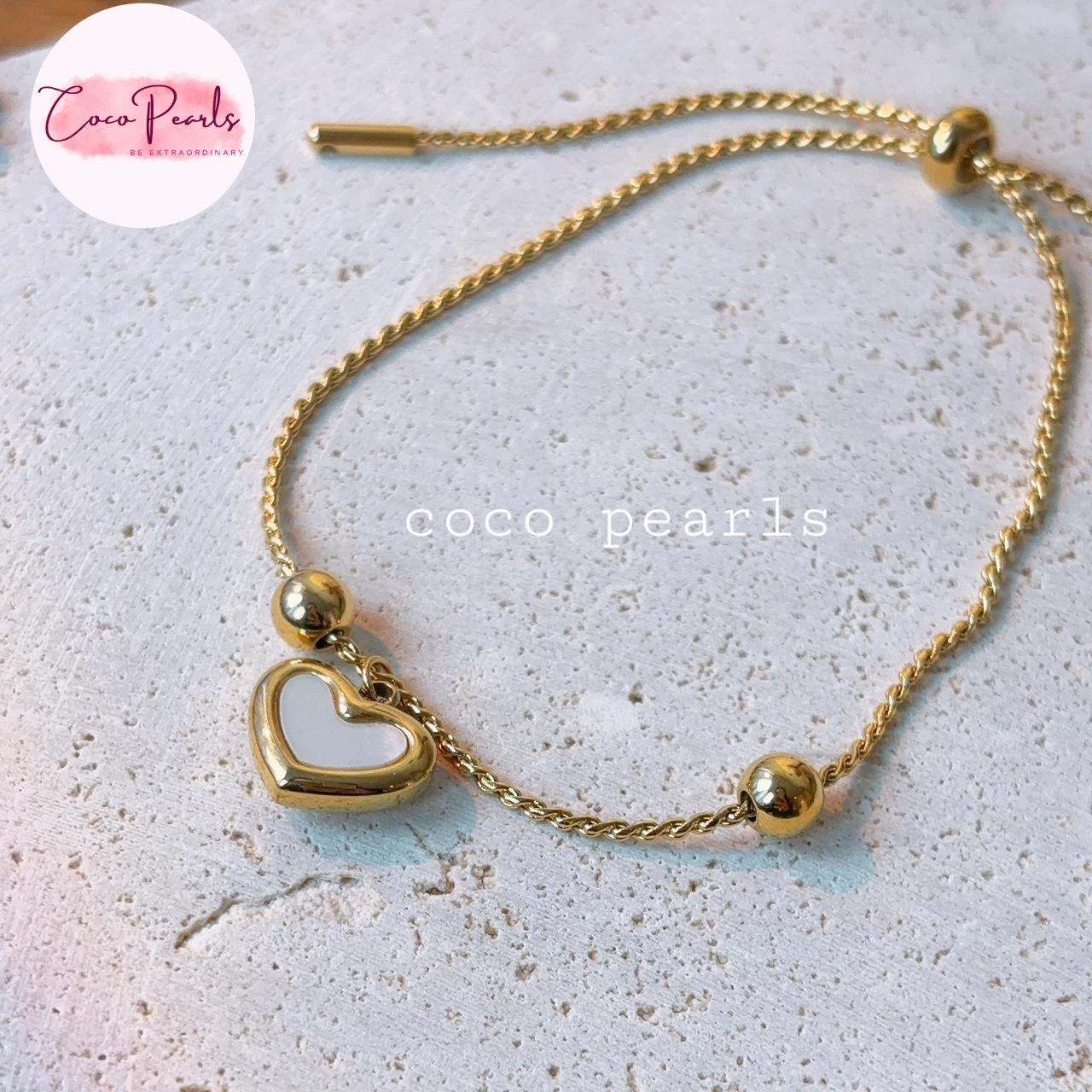 Coco pearls stainless Steel anti tarnish white heart bracelet 