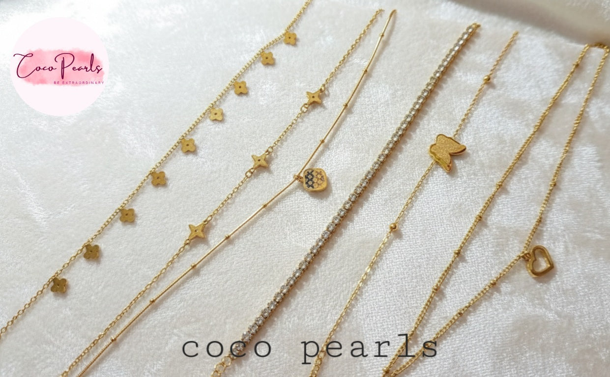 Coco Pearls Stainless Steel Anti Tarnish bracelets and anklets on a white surface
