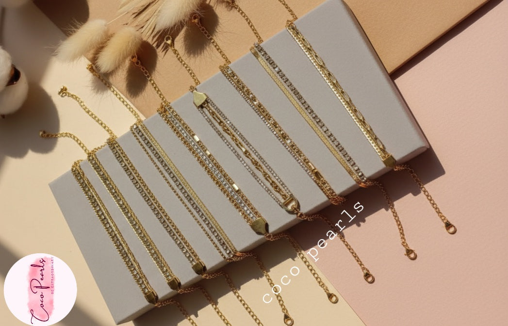 Coco Pearls Stainless Steel Anti tarnish Set of gold bracelets displayed on a gray card