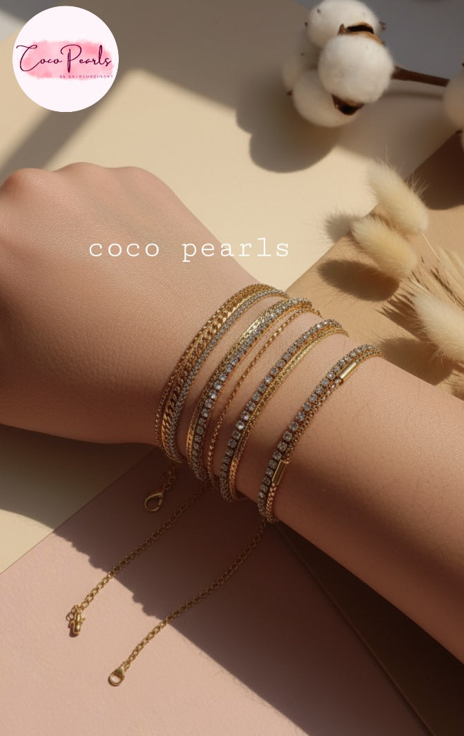 Coco Pearls Stainless Steel Anti tarnish Gold bracelets stack displayed on a wrist