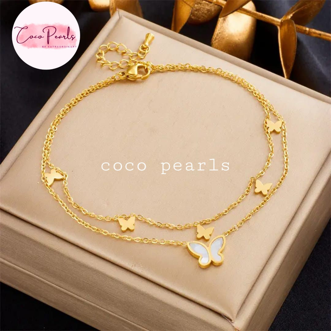 Coco Pearls Stainless Steel Anti Tarnish gold butterfly bliss anklet with white butterfly hanging charm on jewelry box