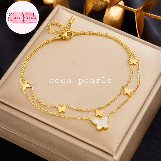 Coco Pearls Stainless Steel Anti Tarnish gold butterfly bliss anklet with white butterfly hanging charm on jewelry box