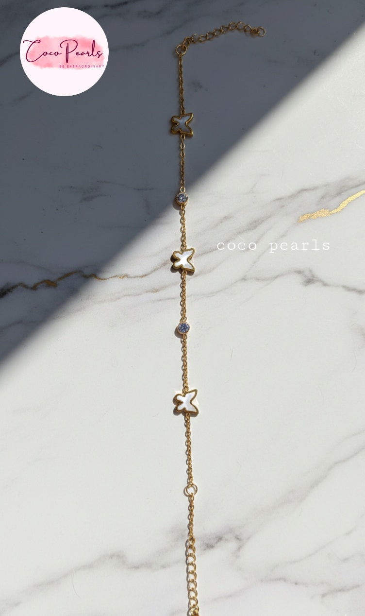 Coco Pearls Stainless Steel Anti Tarnish golden butterfly link bracelet with white butterflies and clear stones
