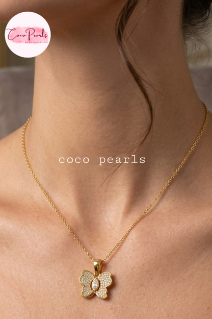 coco pearls stainless steel pakistan anti tarnish waterproof Gold butterfly sparkle necklace with diamond studded butterfly pendant on neck