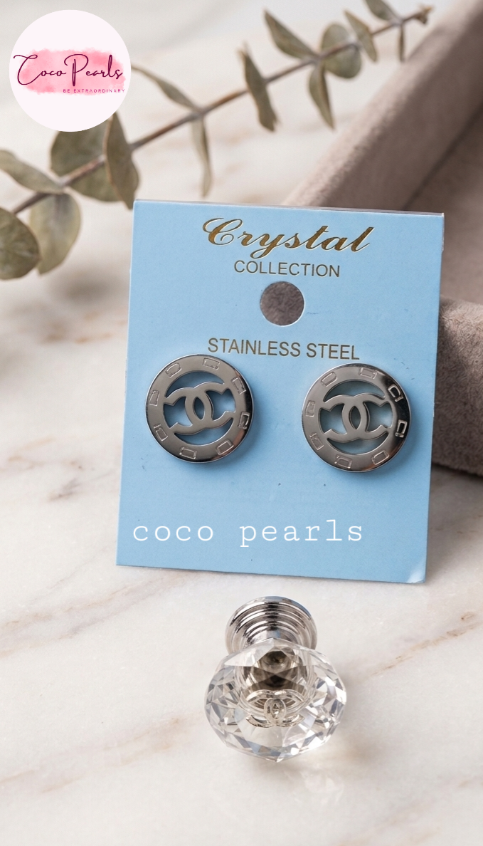 coco pearls stainless steel jewelry pakistan anti tarnish waterproof silver cc studs displayed on card