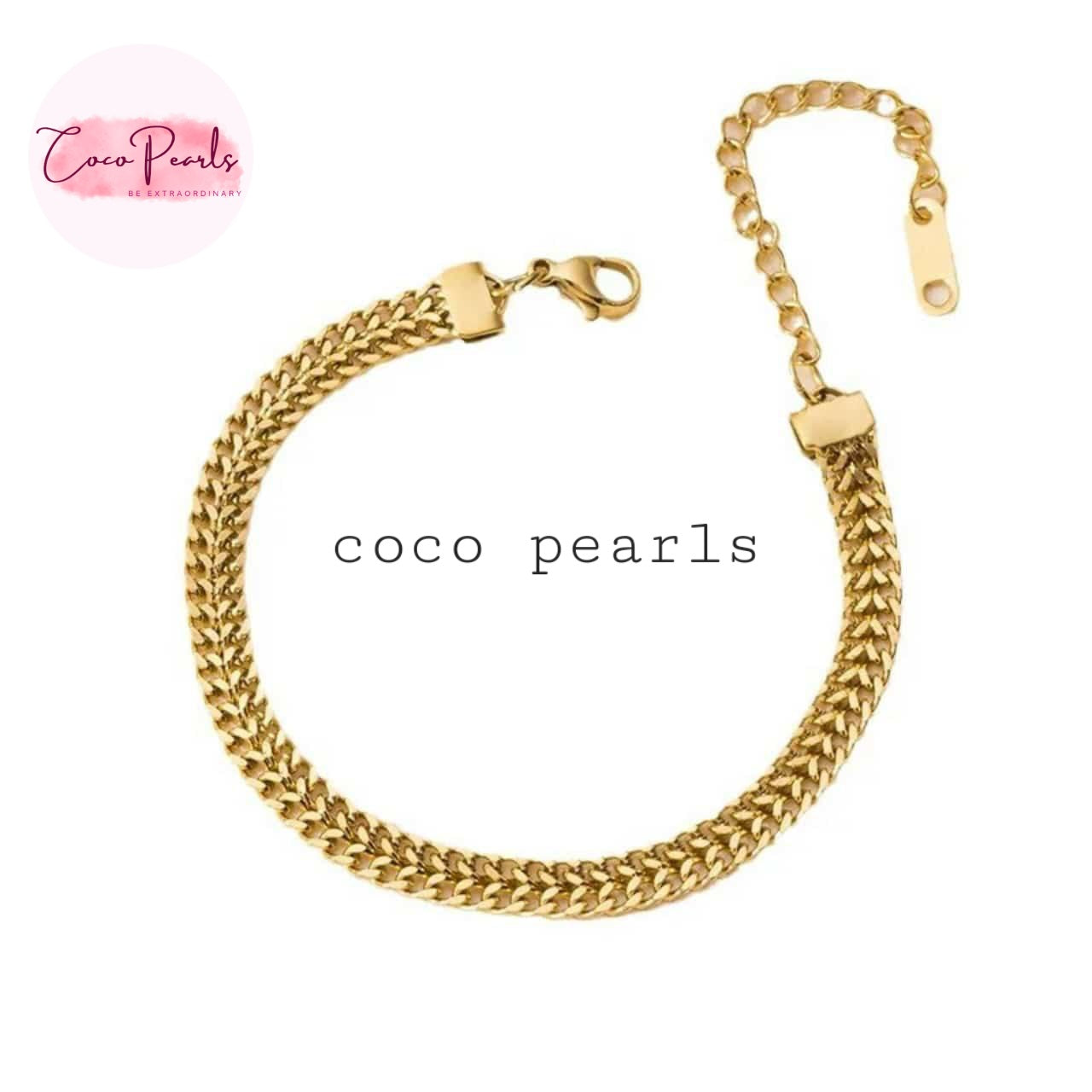 Coco Pearls Stainless steel anti tarnish Gold mesh chain bracelet with clasp on a white background.