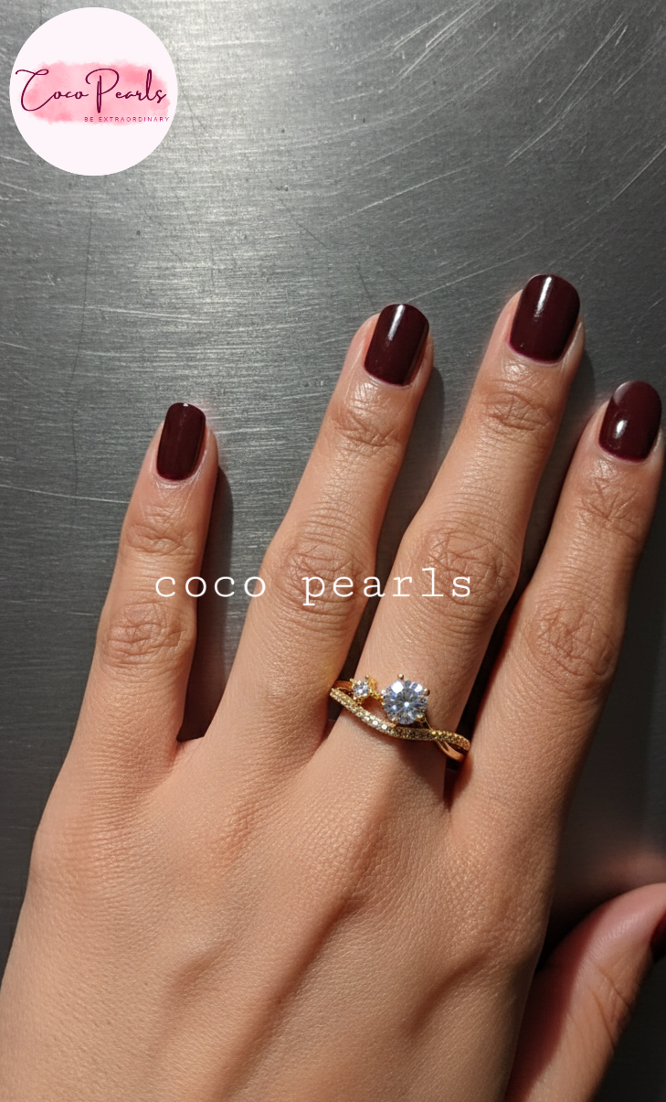coco pearls stainless steel anti tarnish gold crown spark adjustable diamond studded ring displayed on hand