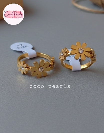 Coco Pearls Stainless Steel Anti tarnish Gold daisy bloom flower-shaped ring on a gray background