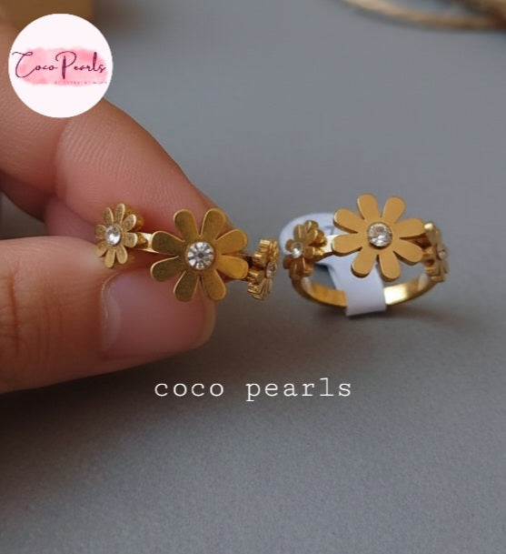 Coco Pearls Stainless Steel Anti tarnish Gold daisy bloom flower-shaped ring with a clear gemstone held by a hand
