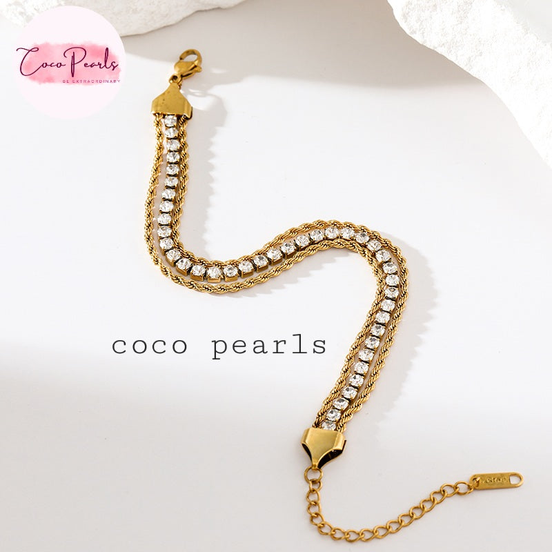 Coco Pearls Stainless Steel Anti Tarnish Gold diamond twisted rope chain bracelet with clear stones and two twisted ropes on a light background 