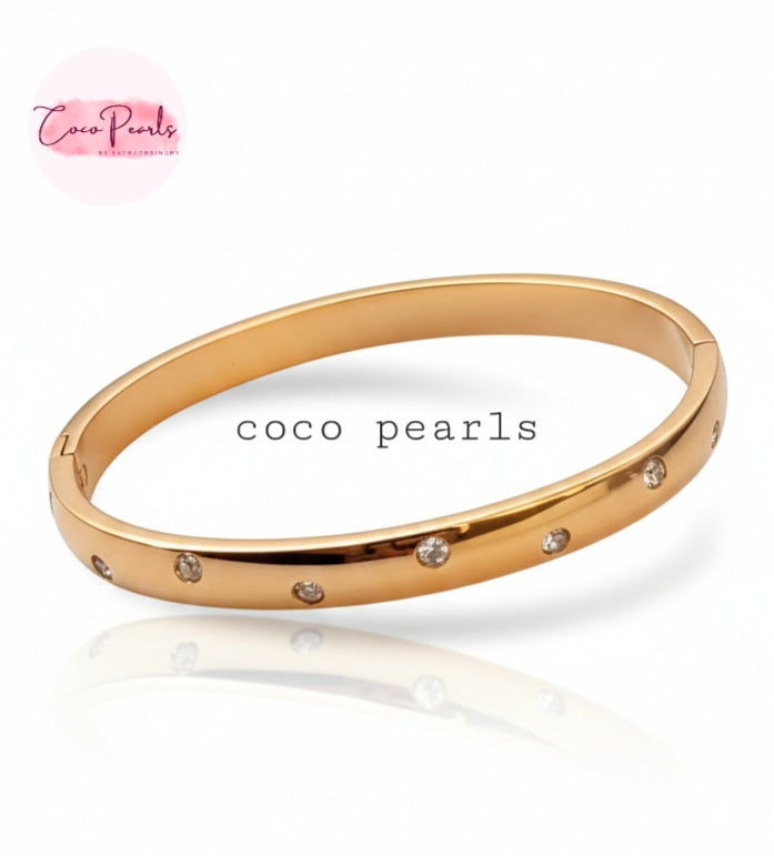 Coco Pearls Stainless Steel Anti tarnish Gold diamond halo bracelet with small stones on a white background