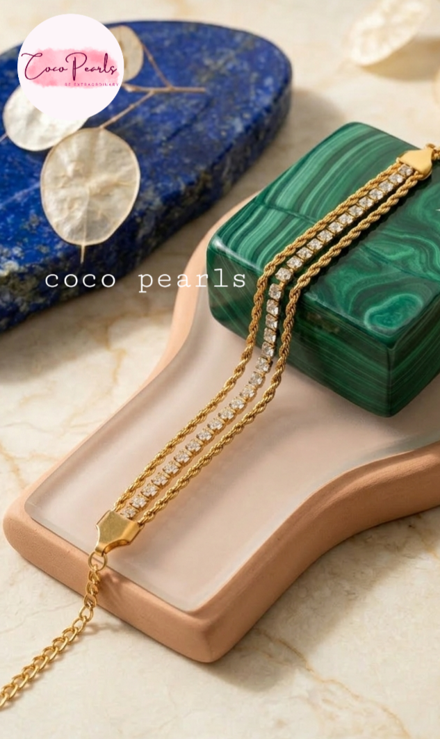 Coco Pearls Stainless Steel Anti Tarnish Gold diamond twisted rope bracelet with rhinestones in middle  surrounded by two twisted ropes