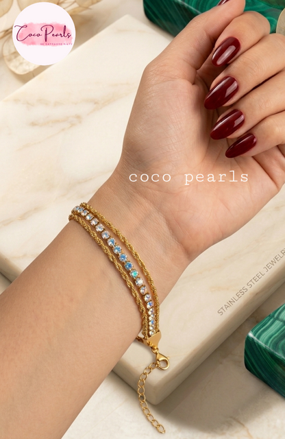 Coco Pearls Stainless Steel Anti Tarnish Gold diamond twisted rope bracelet with rhinestones in middle  surrounded by two twisted ropes