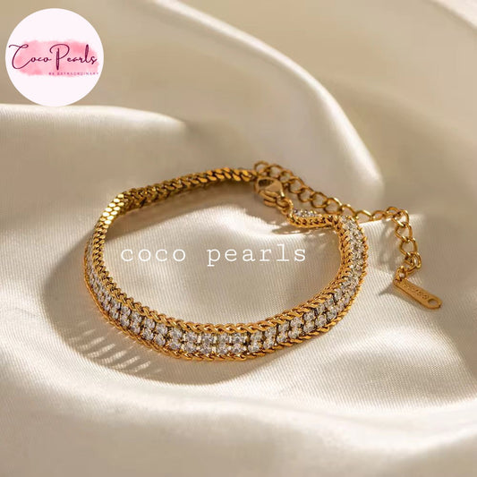 Coco Pearls Stainless Steel Anti Tarnish olden Radiance bracelet with two rhinestone lines displayed on white background