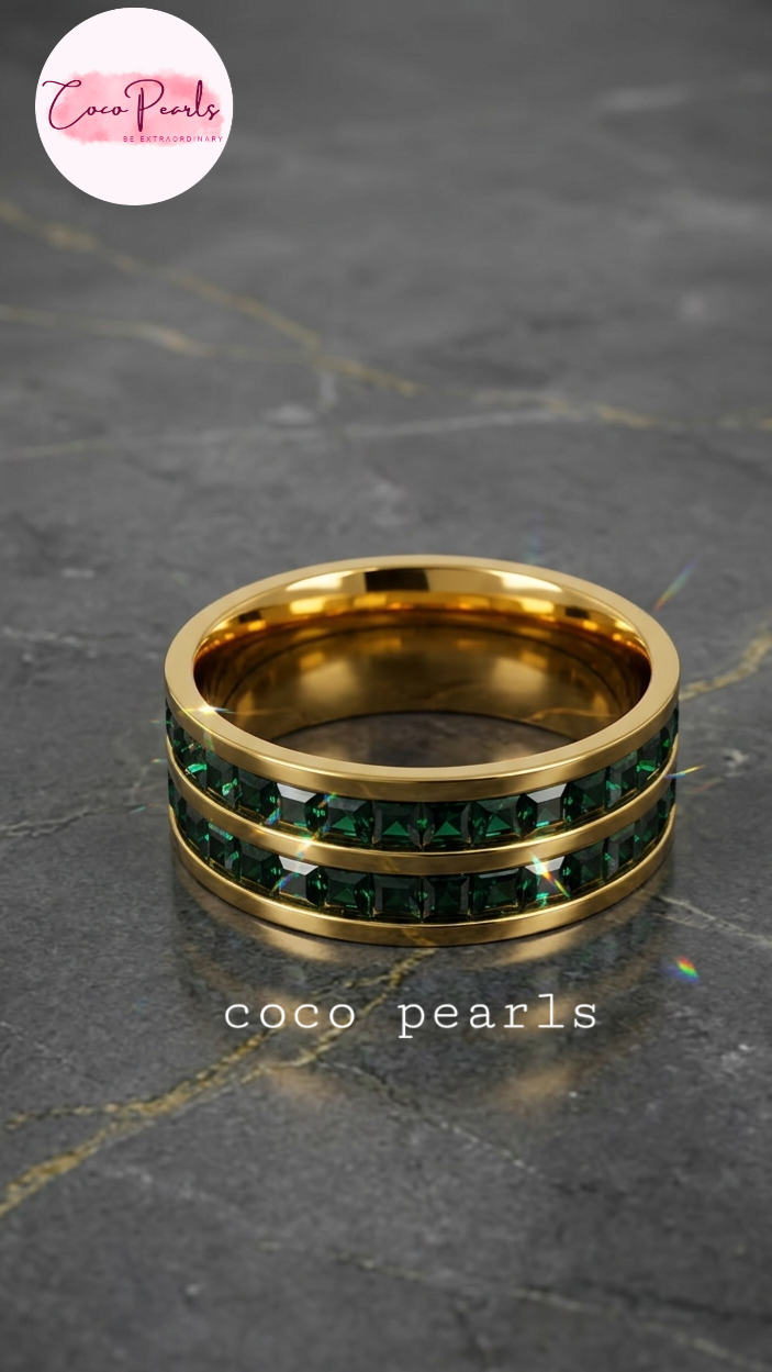 Coco pearls stainless Steel anti tarnish gold emerald empire band ring with twonlayers of emarald green zircon stones all over band