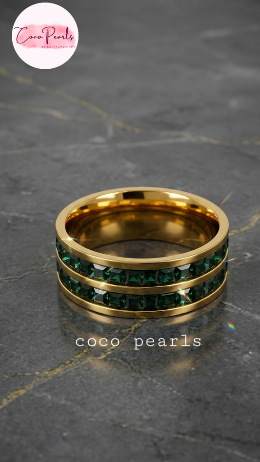 Coco pearls stainless Steel anti tarnish gold emerald empire band ring with twonlayers of emarald green zircon stones all over band