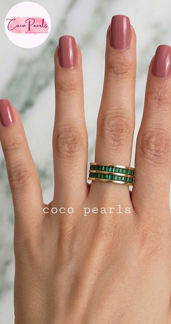 Coco pearls stainless Steel anti tarnish gold emerald empire band ring with twonlayers of emarald green zircon stones all over band displayed on hand