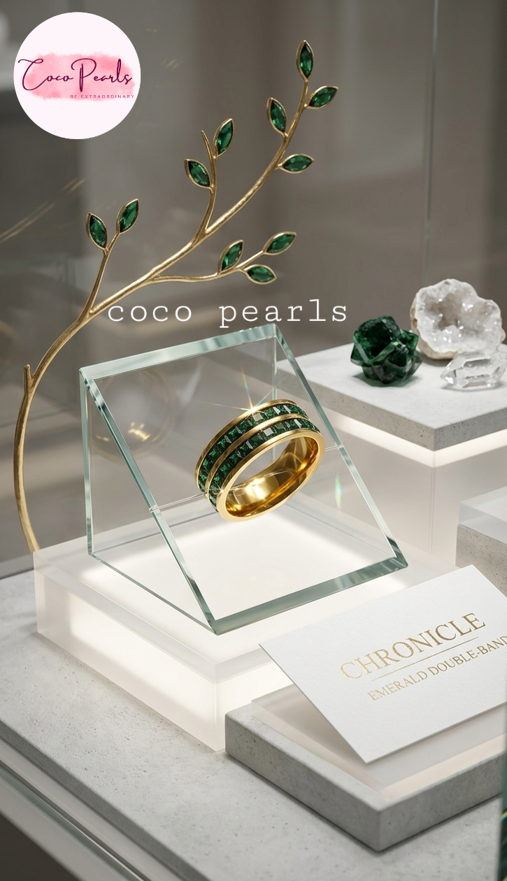Coco pearls stainless Steel anti tarnish gold emerald empire band ring with twonlayers of emarald green zircon stones all over band