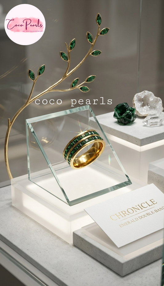 Coco pearls stainless Steel anti tarnish gold emerald empire band ring with twonlayers of emarald green zircon stones all over band