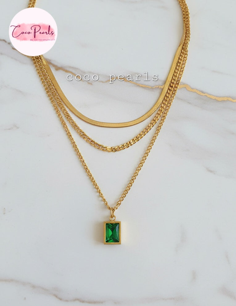 Coco Pearls Stainless Steel Anti Tarnish Gold emerald trio triple chain necklace with a green pendant 