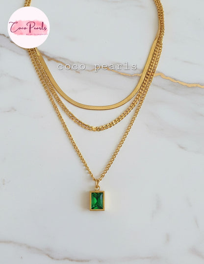 Coco Pearls Stainless Steel Anti Tarnish Gold emerald trio triple chain necklace with a green pendant 