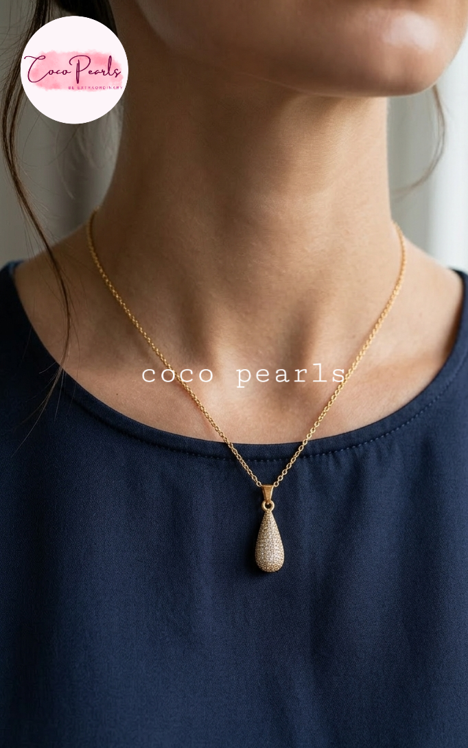 coco pearls stainless steel pakistan anti tarnish waterproof Gold eternal drop necklace with diamond studded drop pendant on neck