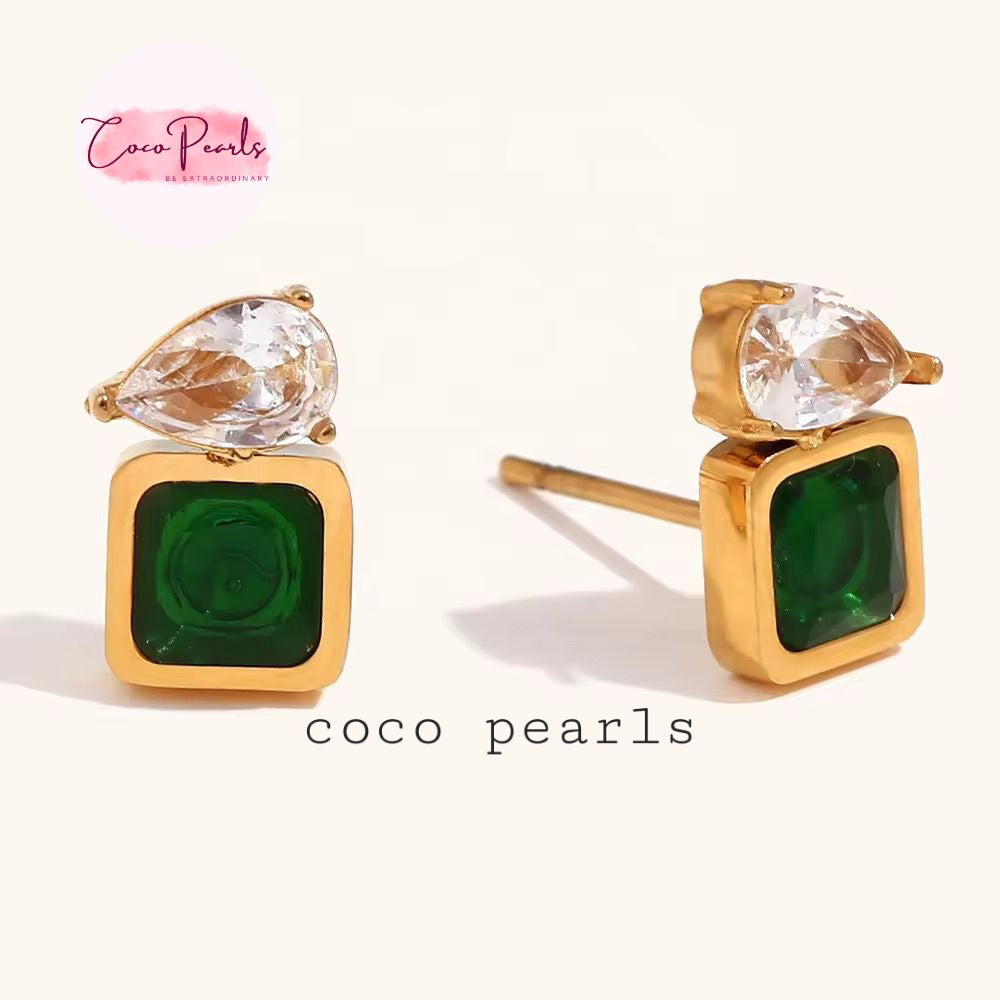 Coco Pearls Stainless Steel Anti Tarnish Gold gem studs earrings with green square stones and clear teardrop stones on a white background,
