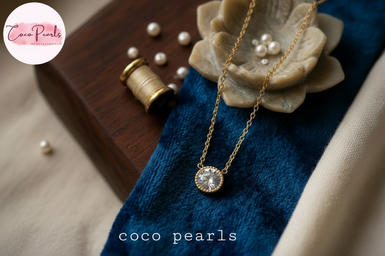 Coco Pearls Stainless Steel Anti Tarnish gem stone glam necklace golden clear milestone necklace 